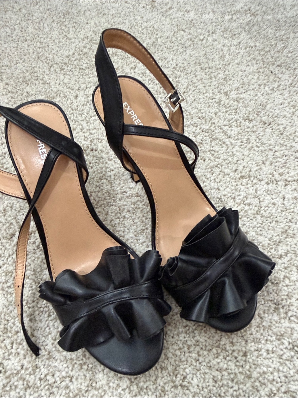 Express Black Ruffle Strap Heels